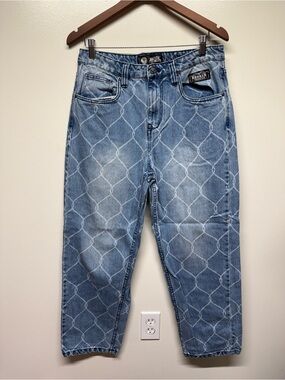Broken Promises Men’s Light Blue Relaxed Jeans with Lattice Print